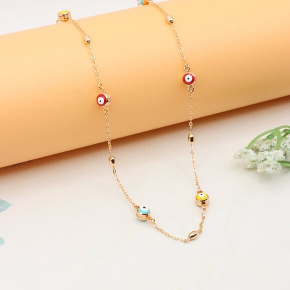 Rose Gold Plated Evil Eye Necklace with Multicolor Beads, XPNL0311 - Picture 5 of 12